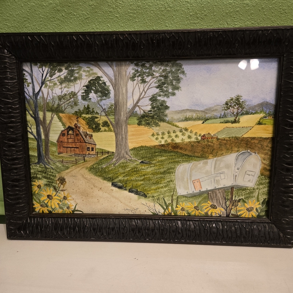 Original watercolor of countryside by Bob Miller of Florida signed and framed